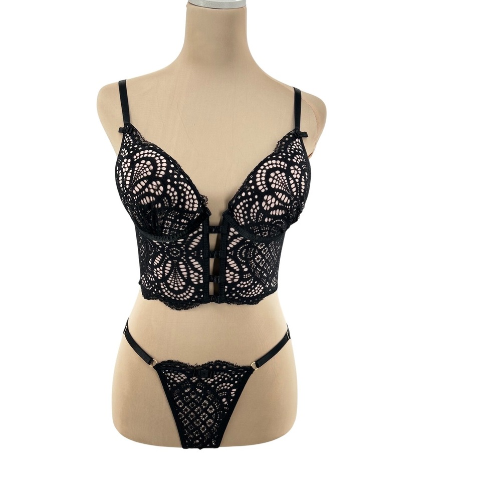 Segredo Lacrado‎ Black Lace Longline Bra and Thong Lingerie Set Size G